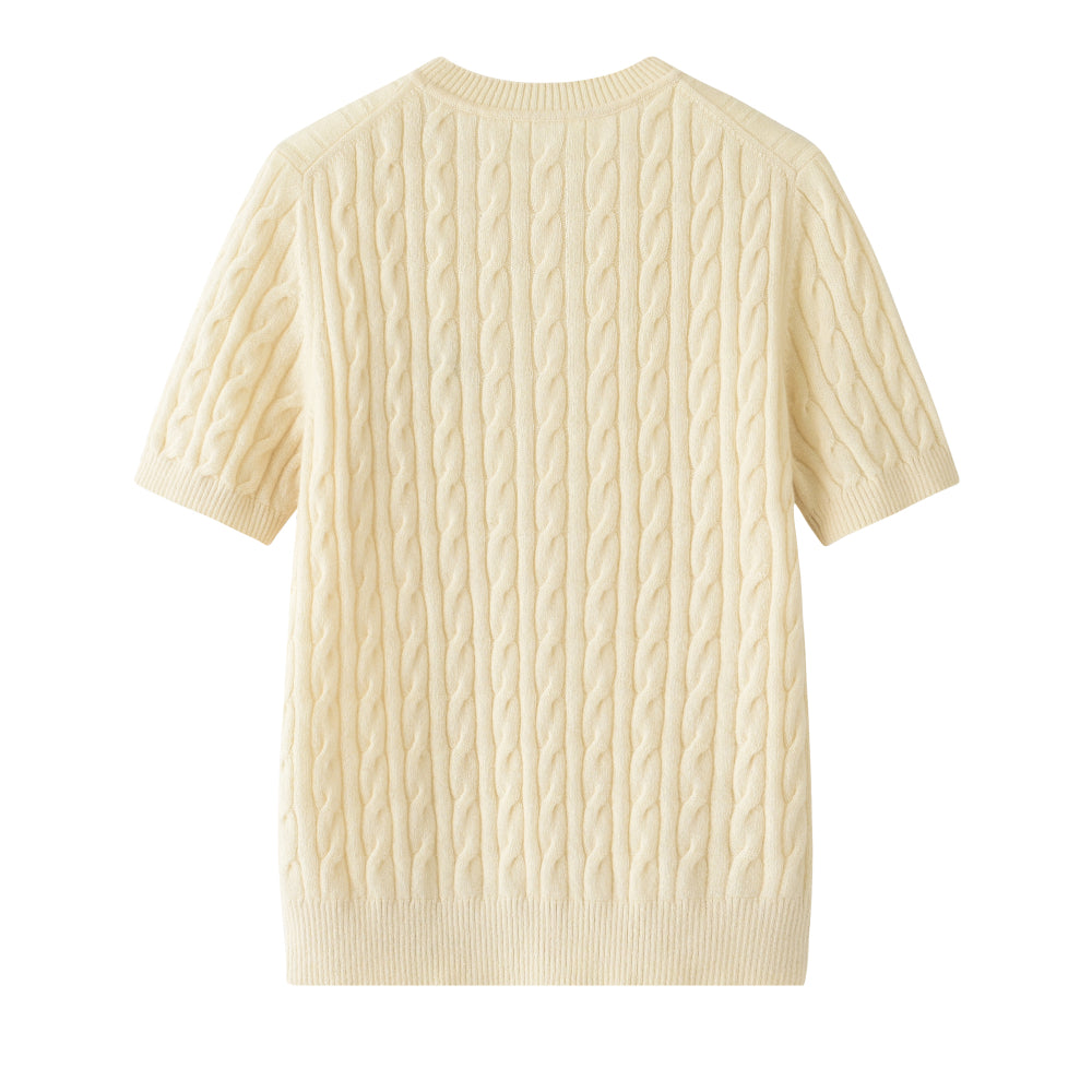 Cashmere Notes Round Neck Cable Ribbon Women Half Sleeves