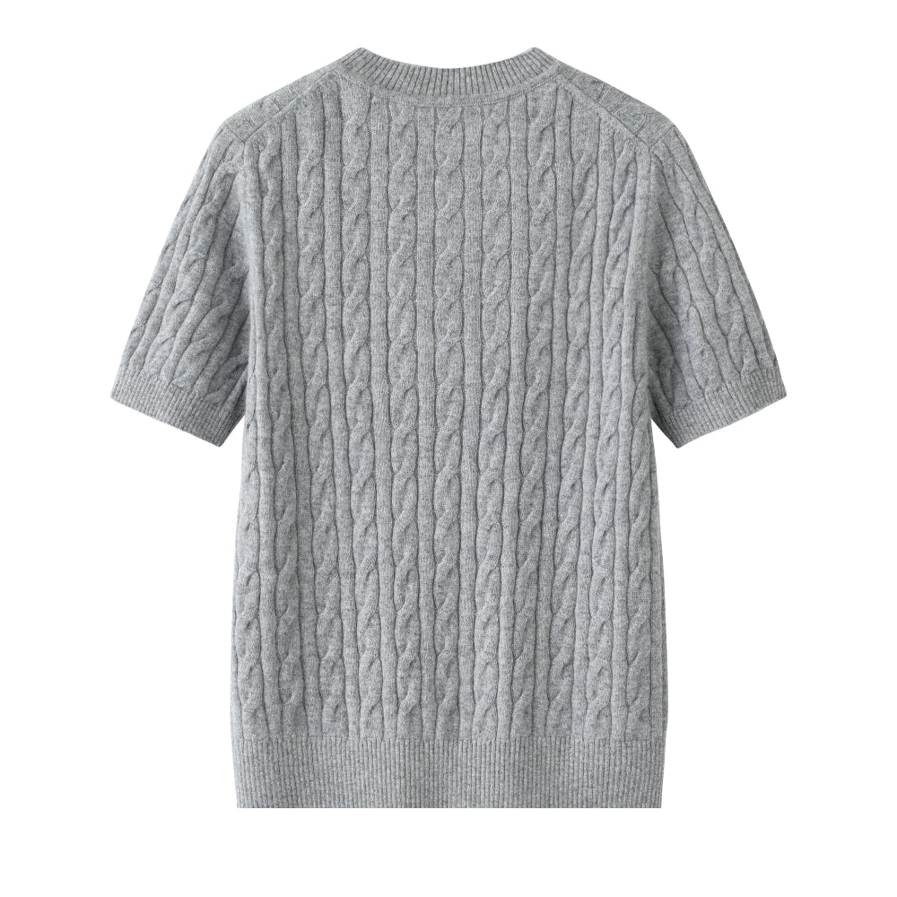 Cashmere Notes Round Neck Cable Ribbon Women Half Sleeves