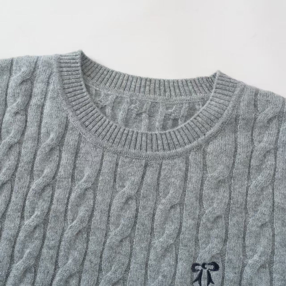 Cashmere Notes Round Neck Cable Ribbon Women Half Sleeves