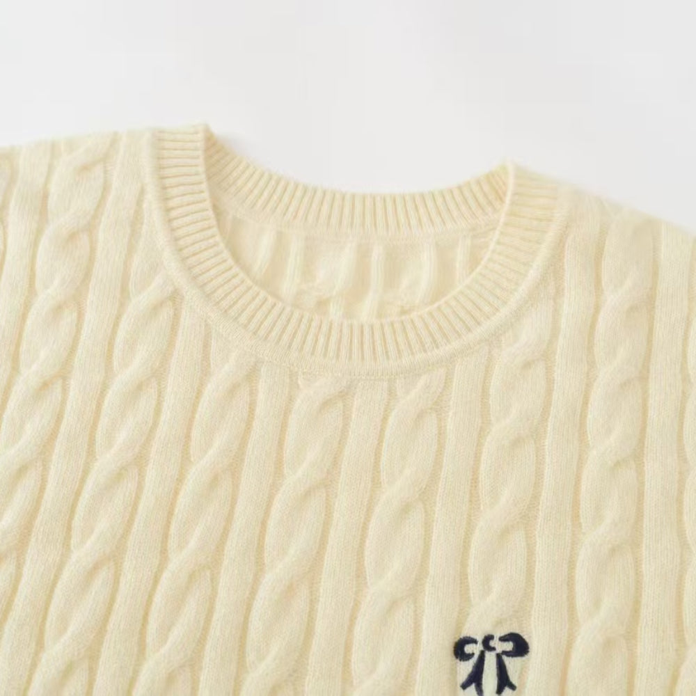 Cashmere Notes Round Neck Cable Ribbon Women Half Sleeves