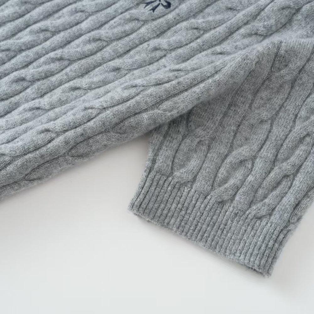 Cashmere Notes Round Neck Cable Ribbon Women Half Sleeves