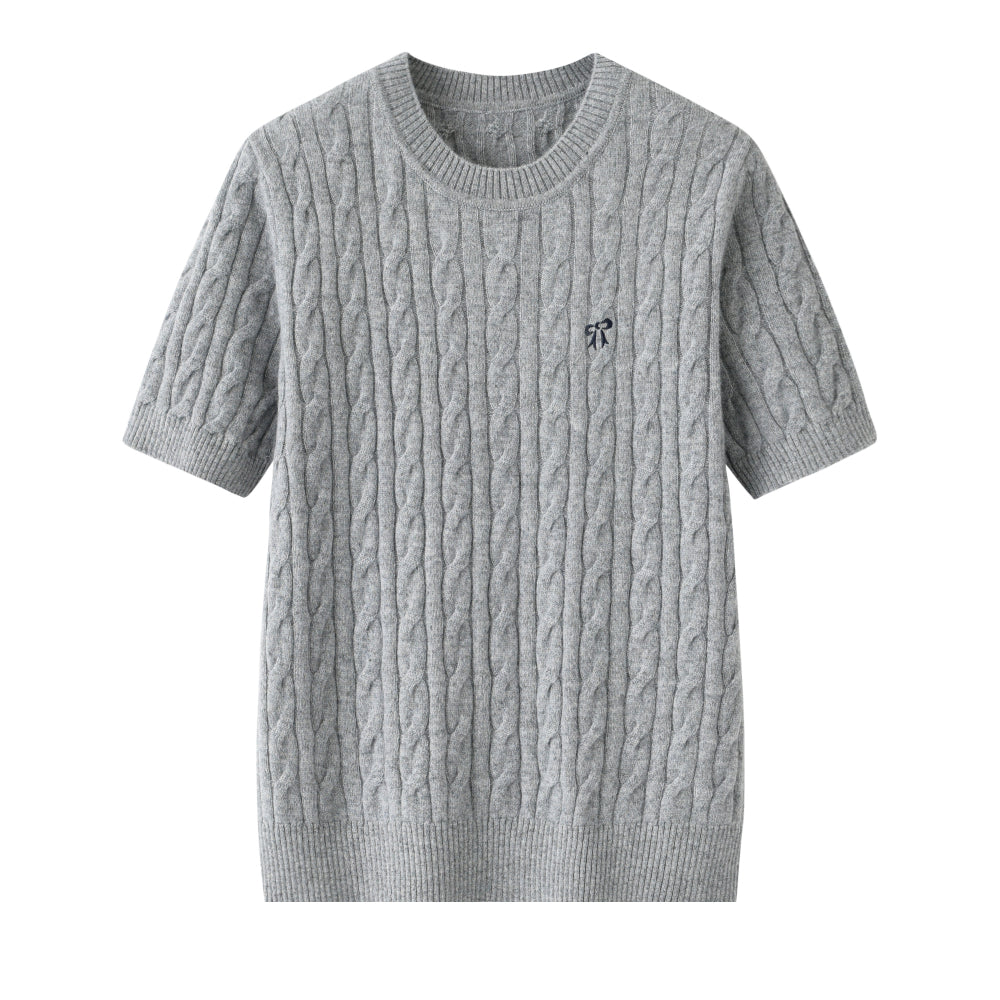 Cashmere Notes Round Neck Cable Ribbon Women Half Sleeves