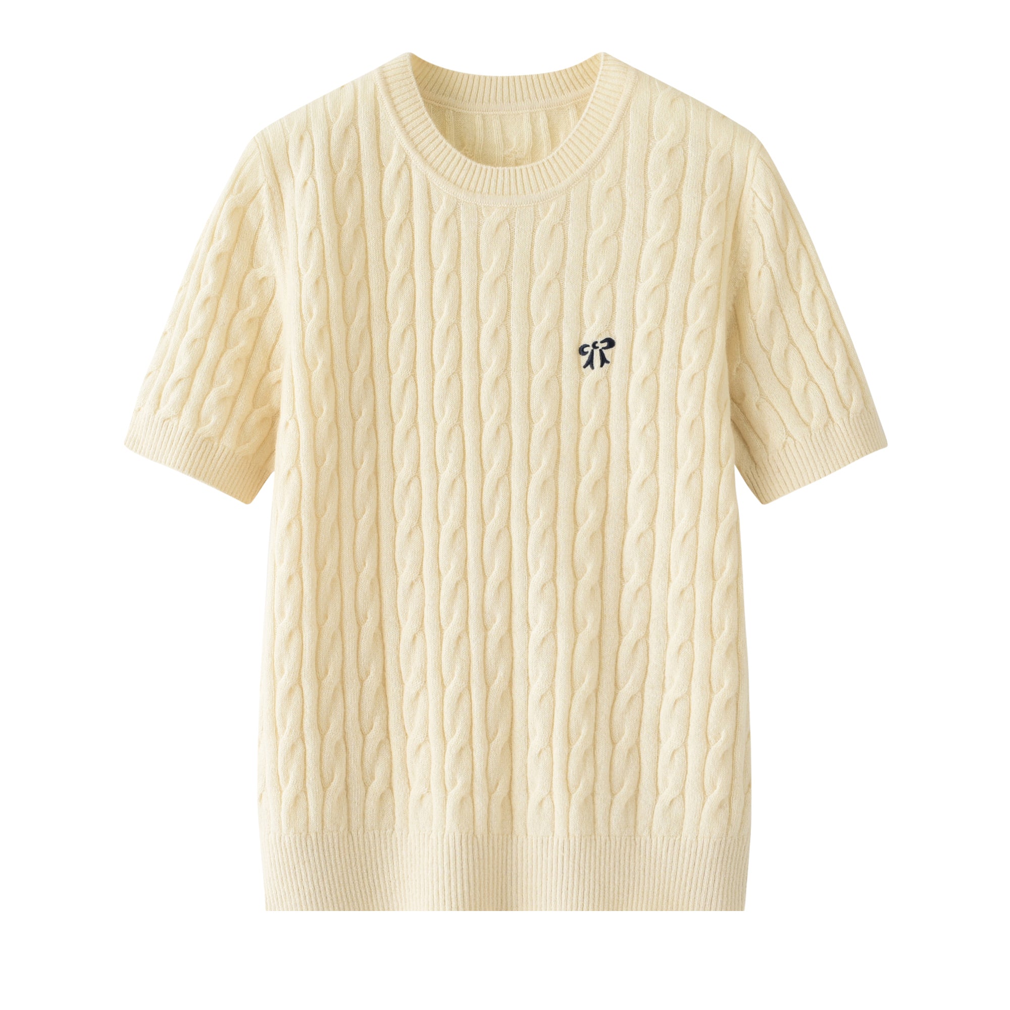 Cashmere Notes Round Neck Cable Ribbon Women Half Sleeves