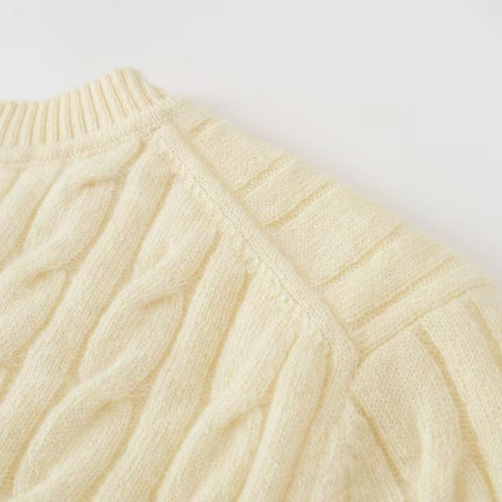 Cashmere Notes Round Neck Cable Ribbon Women Half Sleeves
