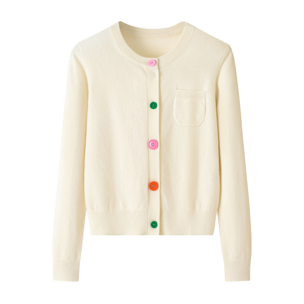 Cashmere Notes Round Collar Colorful Button Flat Women‘s Cardigan