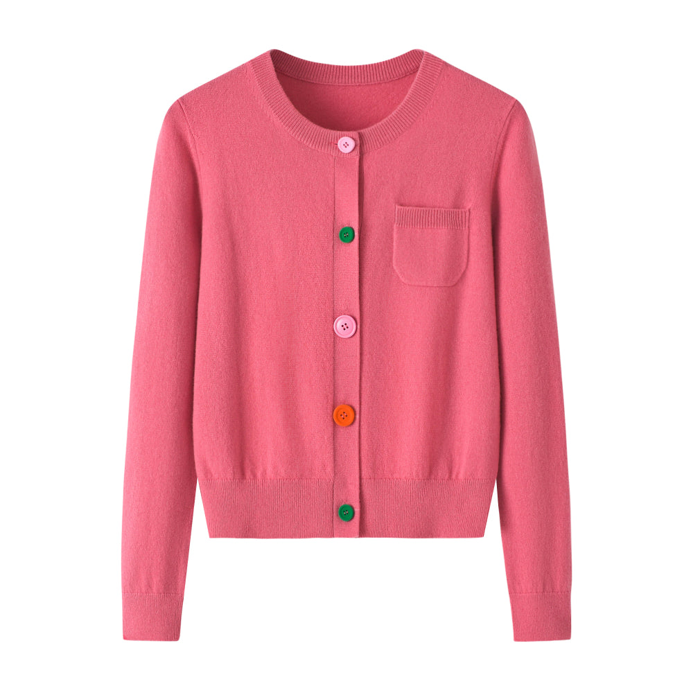 Cashmere Notes Round Collar Colorful Button Flat Women‘s Cardigan